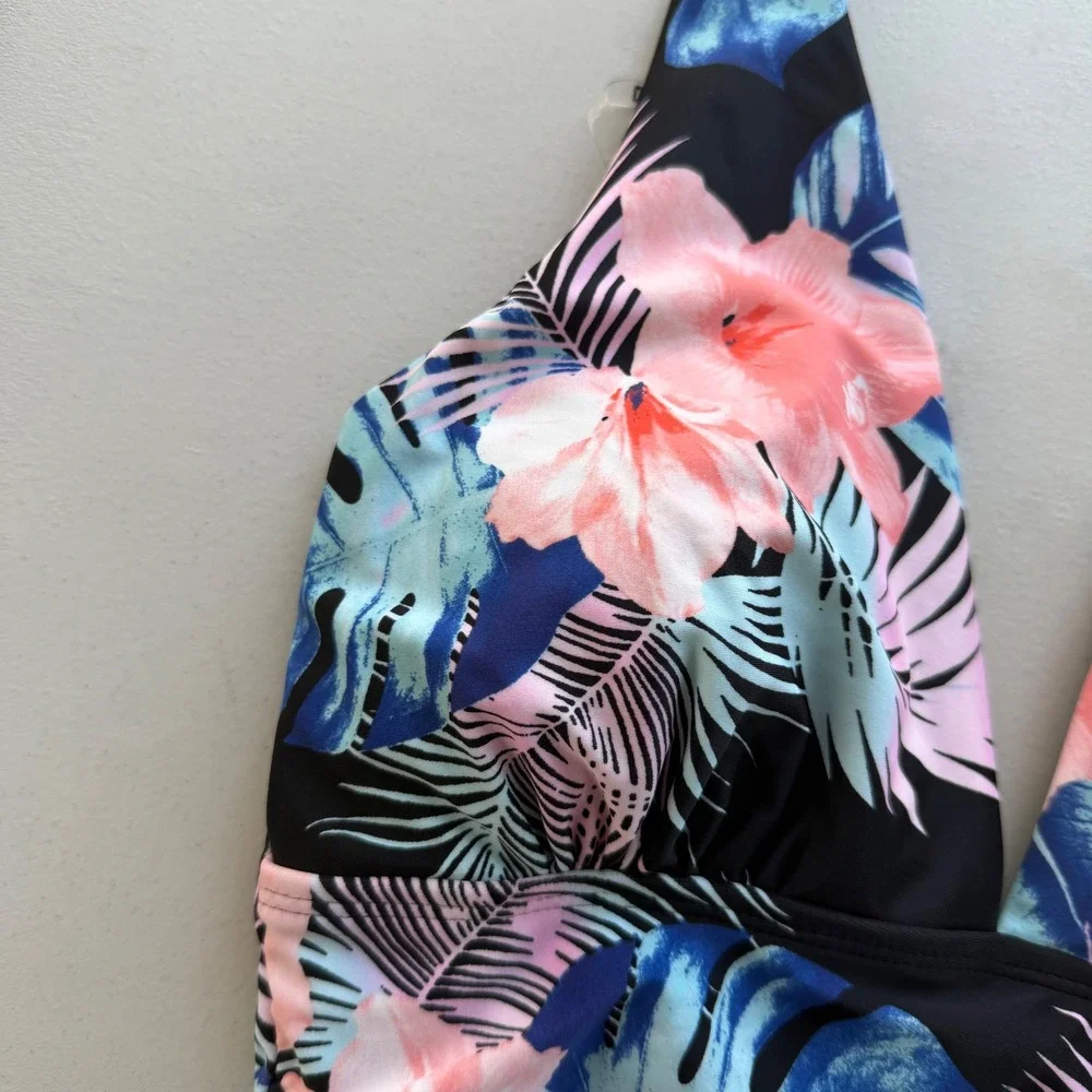 DKNY Women S Black Pink Blue Tropical Floral Halter One Piece Swimsuit Beach NWT - Picture 8 of 13